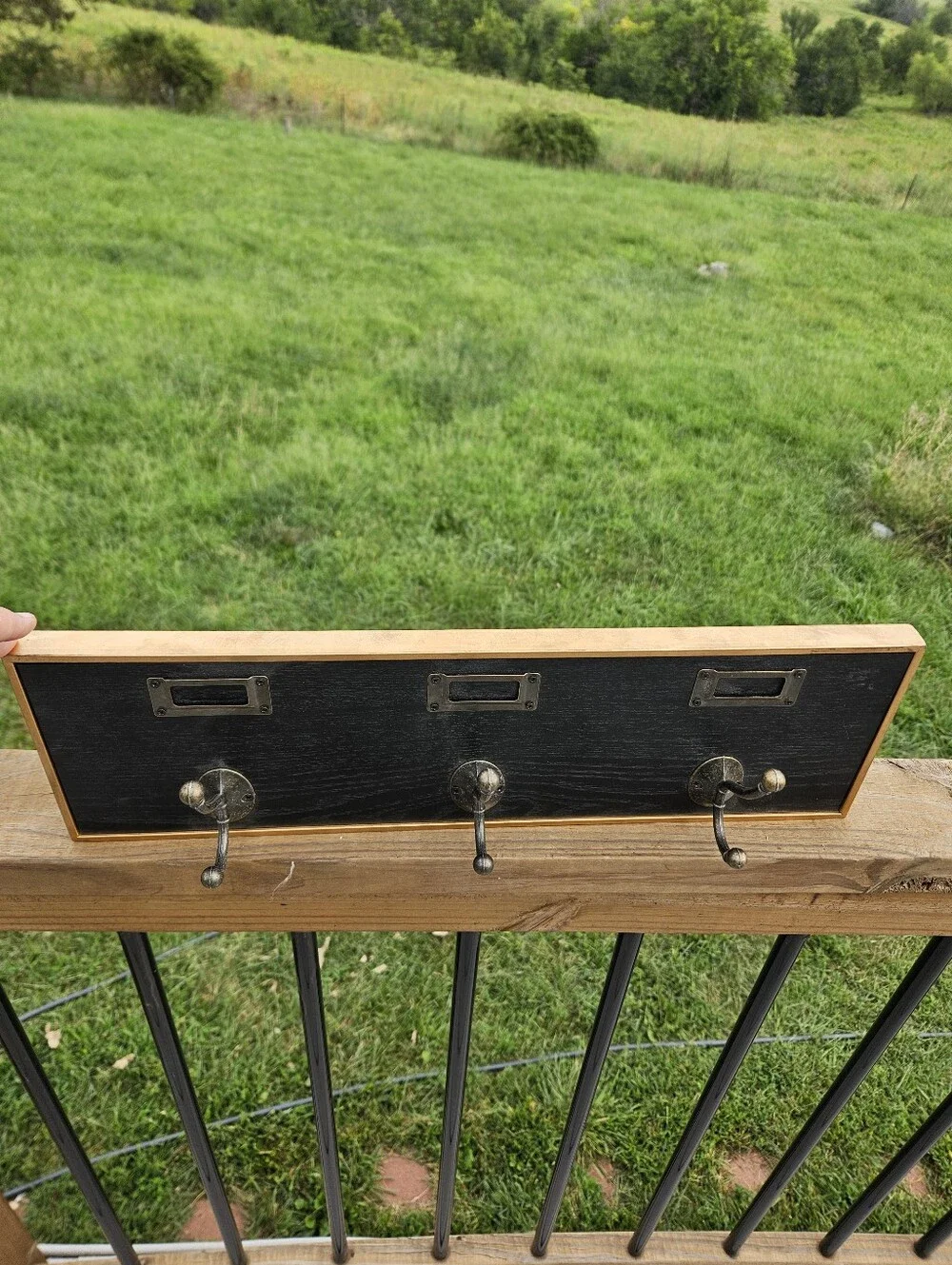 Industrial Farmhouse Wall Coat Rack Vintage Label Holder 3 Hooks Black Wood
